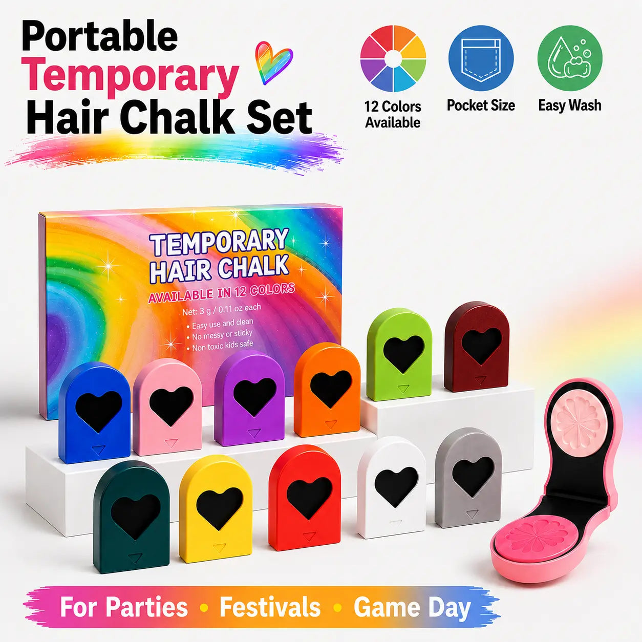 🌈 12-Color Washable Hair Chalk Styling Applicator Set | Vibrant Buildable Shades in Easy Clamp-On Applicators for Highlights, Streaks & Costume Looks ✨