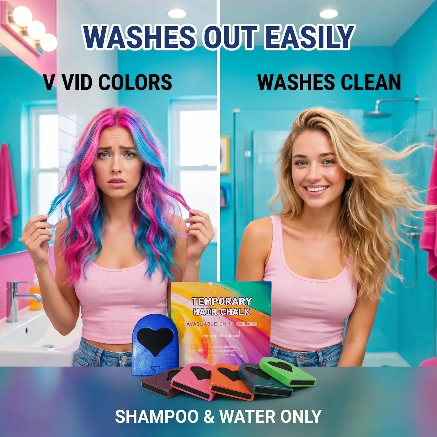 🌈 12-Color Washable Hair Chalk Styling Applicator Set | Vibrant Buildable Shades in Easy Clamp-On Applicators for Highlights, Streaks & Costume Looks ✨