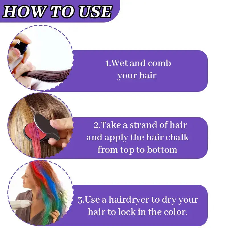 🌈 12-Color Washable Hair Chalk Styling Applicator Set | Vibrant Buildable Shades in Easy Clamp-On Applicators for Highlights, Streaks & Costume Looks ✨